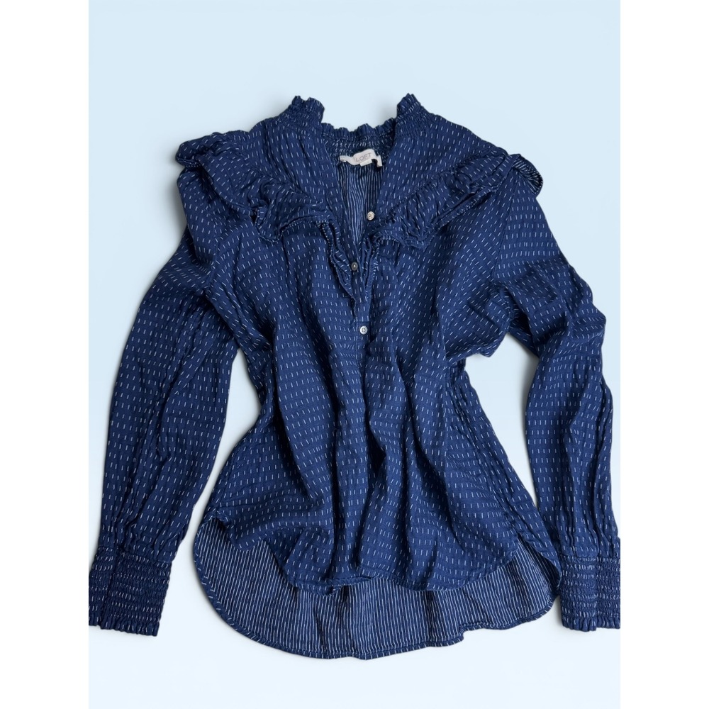 LOFT Womens Blouse Bundle Blue Floral Puff Sleeve & Striped Ruffle Button Down L - Picture 3 of 8